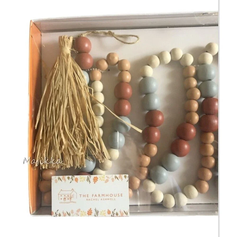 The Farmhouse Wooden Beads Jute Straw Tassels 6 Foot Garland Neutral Beige Cream